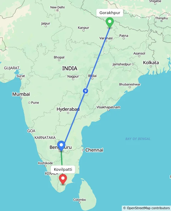Route map showing distance and travel time from Gorakhpur, India to Kovilpatti, India