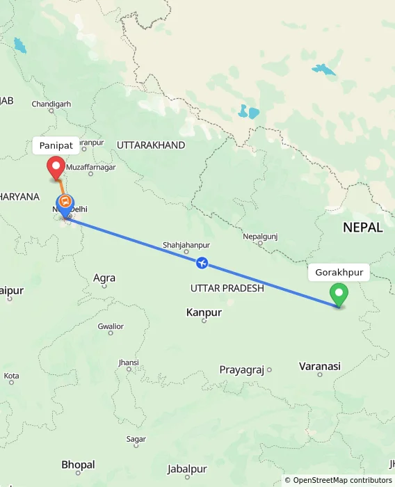 Route map showing distance and travel time from Gorakhpur, India to Panipat, India