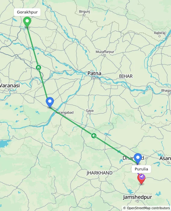 Route map showing distance and travel time from Gorakhpur, India to Purulia, India