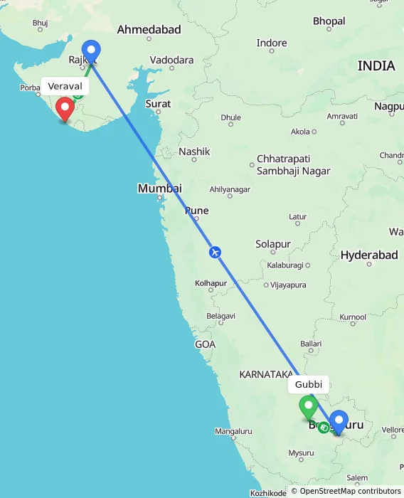 Route map showing distance and travel time from Gubbi, India to Veraval, India