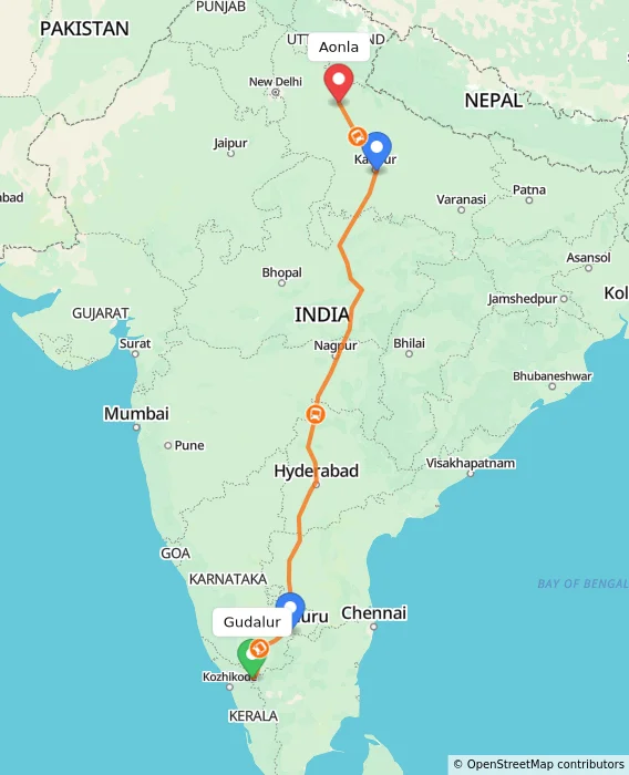 Route map showing distance and travel time from Gudalur, India to Aonla, India
