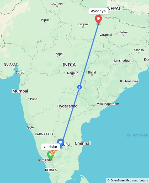 Route map showing distance and travel time from Gudalur, India to Ayodhya, India