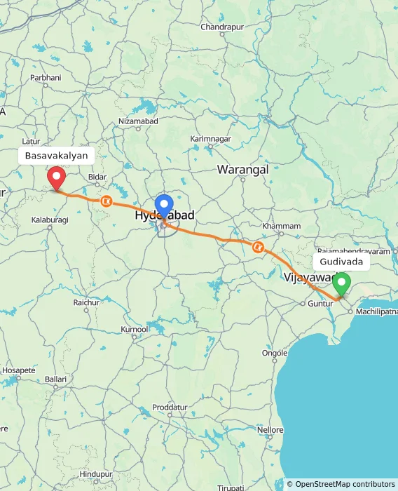 Route map showing distance and travel time from Gudivada, India to Basavakalyan, India