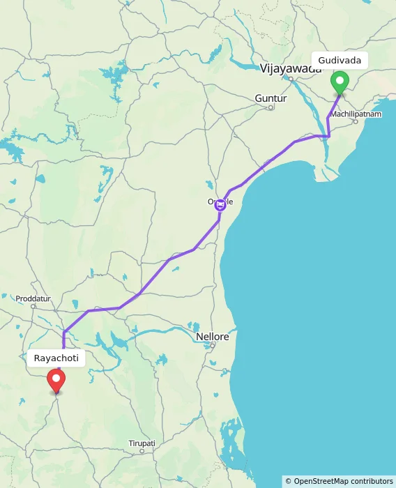 Route map showing distance and travel time from Gudivada, India to Rayachoti, India
