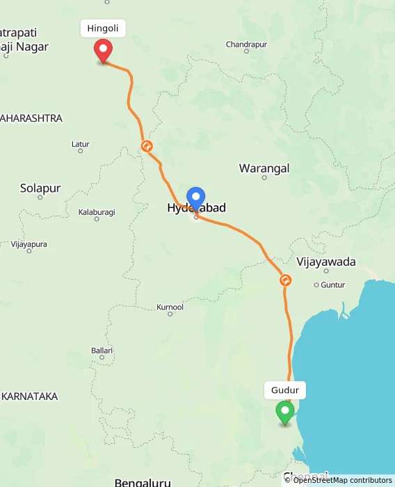 Route map showing distance and travel time from Gudur, India to Hingoli, India