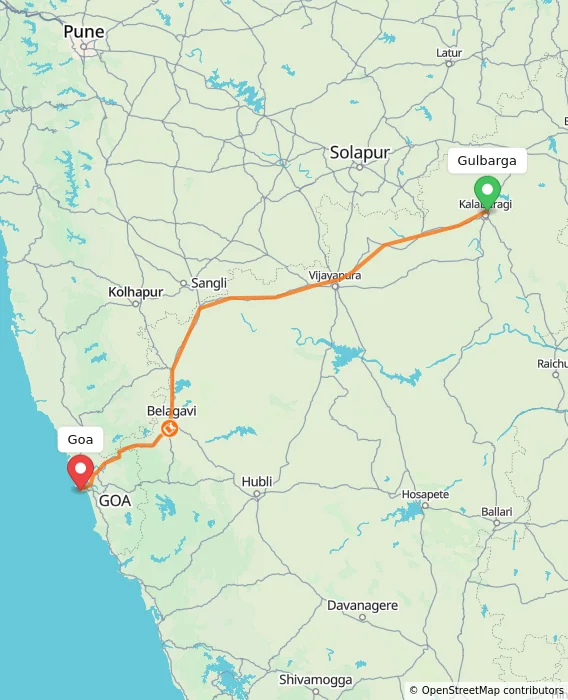 Route map showing distance and travel time from Gulbarga, India to Goa, India