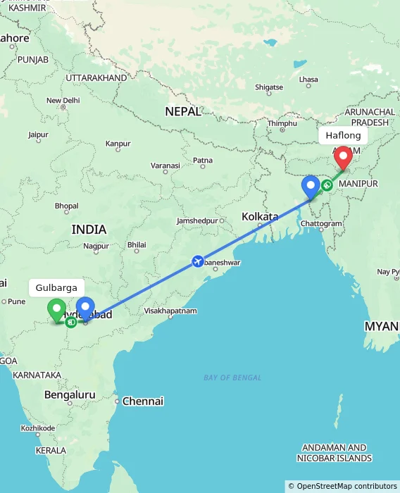 Route map showing distance and travel time from Gulbarga, India to Haflong, India