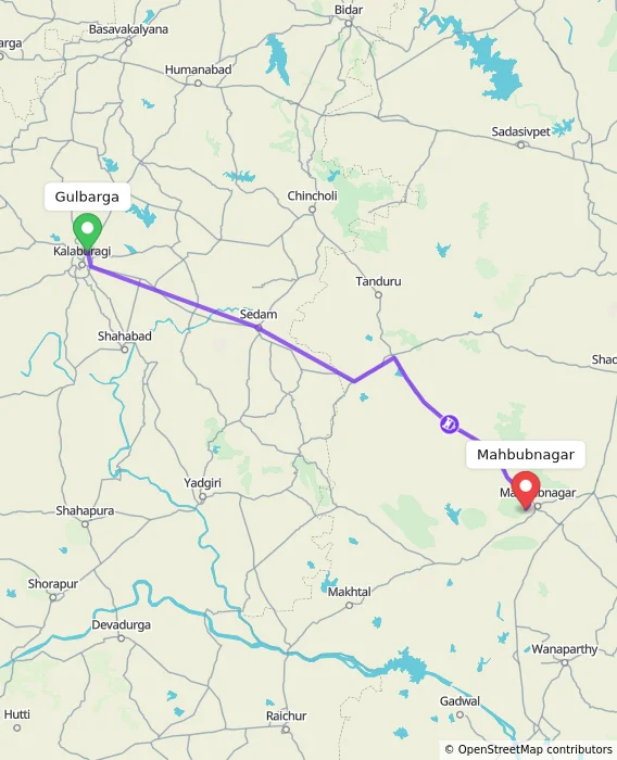 Route map showing distance and travel time from Gulbarga, India to Mahbubnagar, India