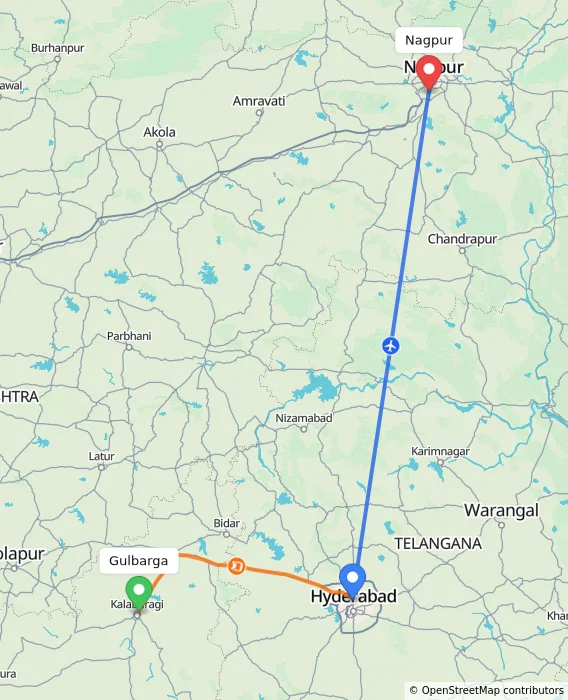Route map showing distance and travel time from Gulbarga, India to Nagpur, India