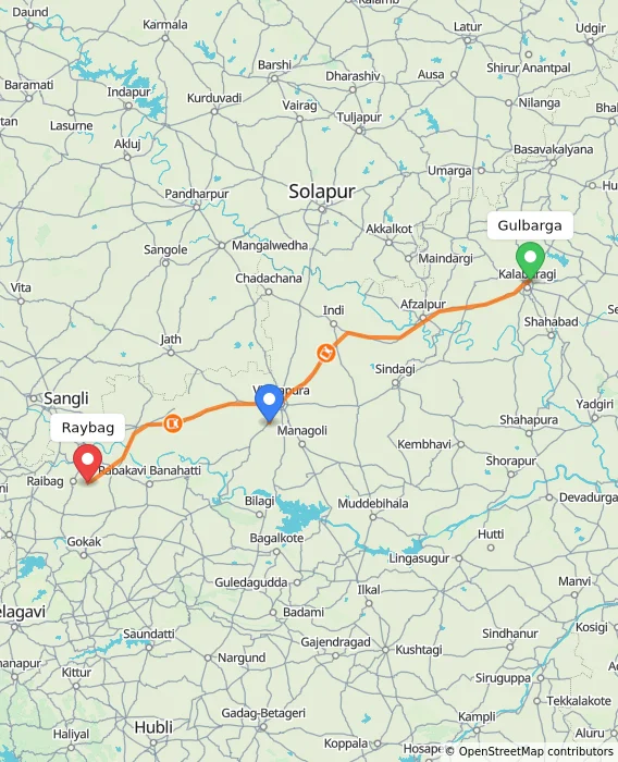 Route map showing distance and travel time from Gulbarga, India to Raybag, India