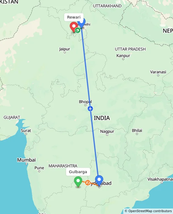 Route map showing distance and travel time from Gulbarga, India to Rewari, India