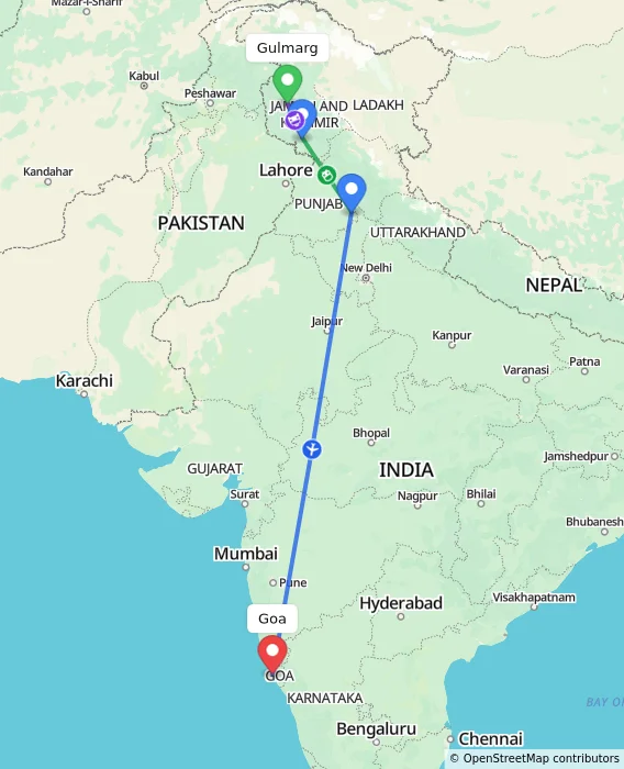 Route map showing distance and travel time from Gulmarg, India to Goa, India