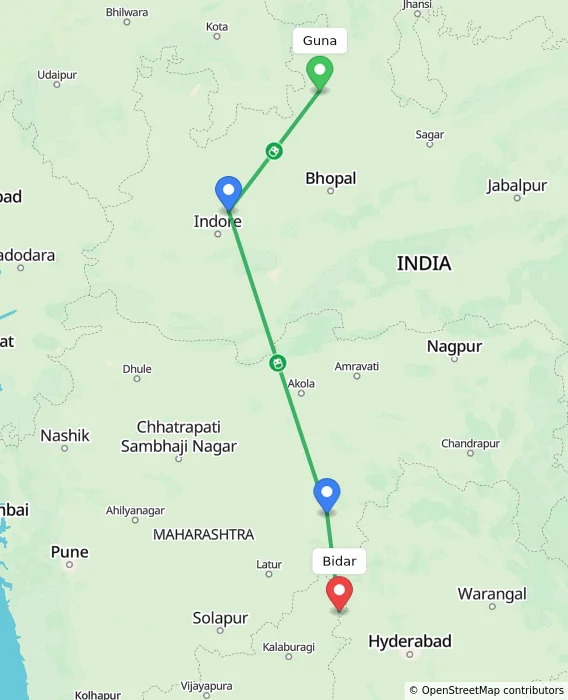 Route map showing distance and travel time from Guna, India to Bidar, India