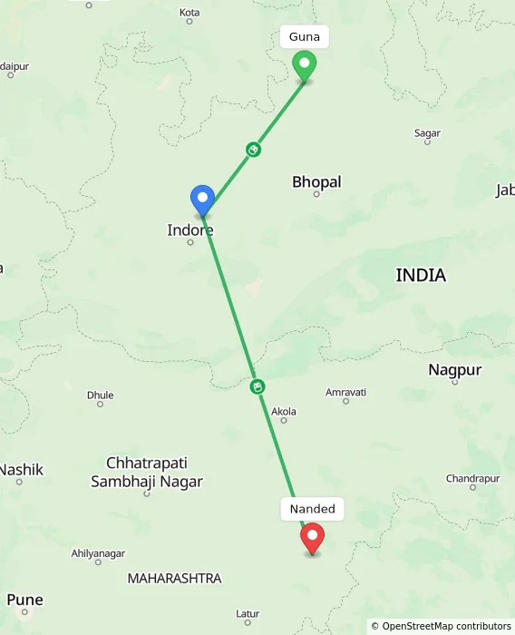 Route map showing distance and travel time from Guna, India to Nanded, India