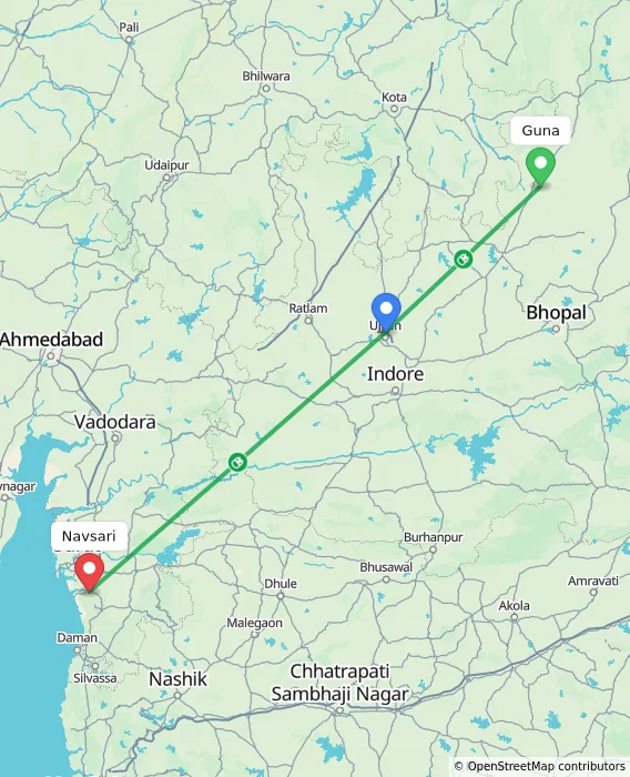 Route map showing distance and travel time from Guna, India to Navsari, India