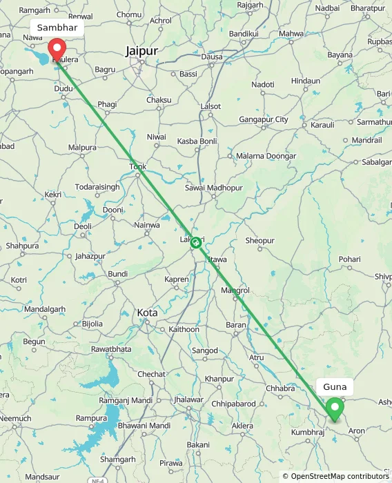 Route map showing distance and travel time from Guna, India to Sambhar, India