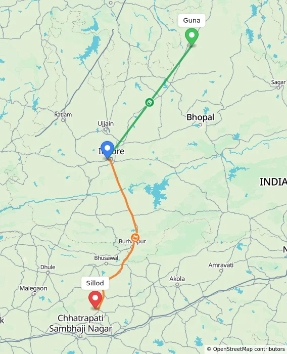 Route map showing distance and travel time from Guna, India to Sillod, India