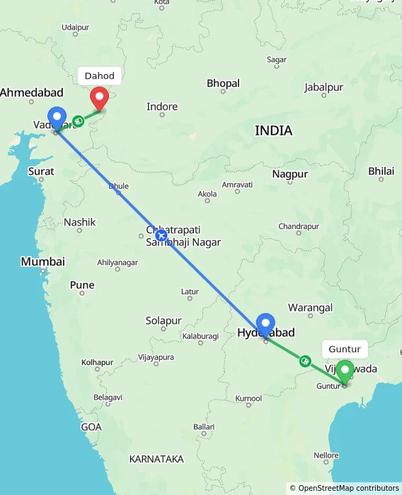 Route map showing distance and travel time from Guntur, India to Dahod, India