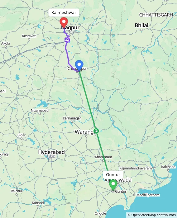 Route map showing distance and travel time from Guntur, India to Kalmeshwar, India