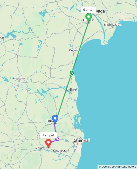 Route map showing distance and travel time from Guntur, India to Ranipet, India