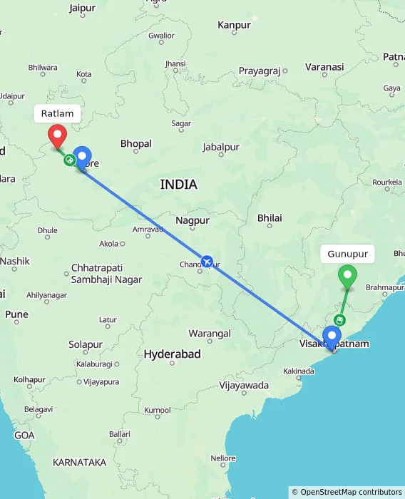Route map showing distance and travel time from Gunupur, India to Ratlam, India