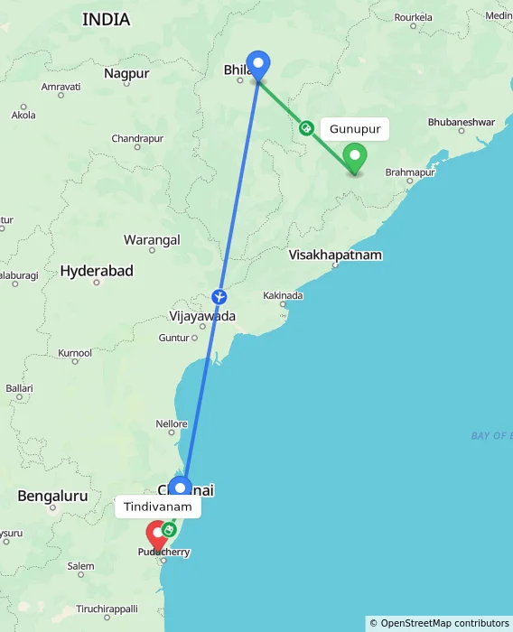 Route map showing distance and travel time from Gunupur, India to Tindivanam, India