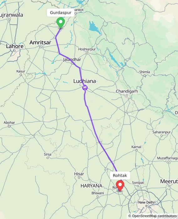Route map showing distance and travel time from Gurdaspur, India to Rohtak, India