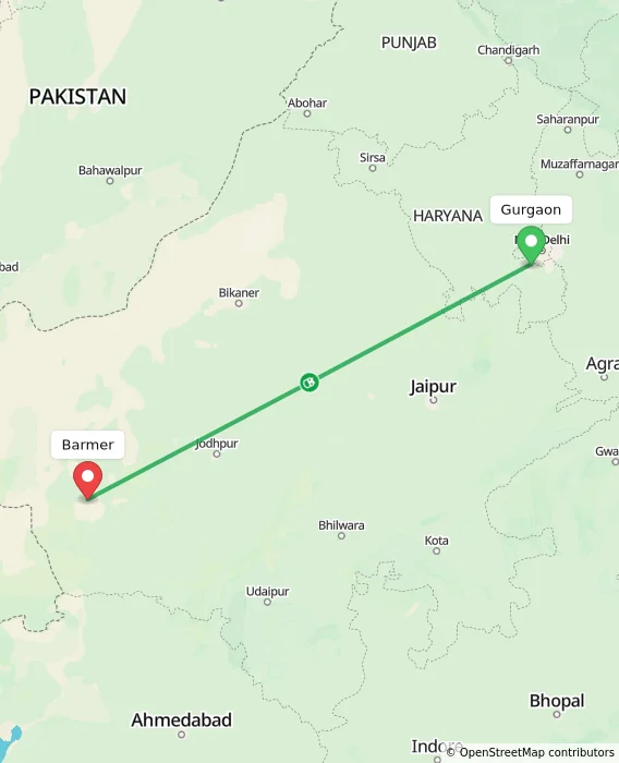 Route map showing distance and travel time from Gurgaon, India to Barmer, India