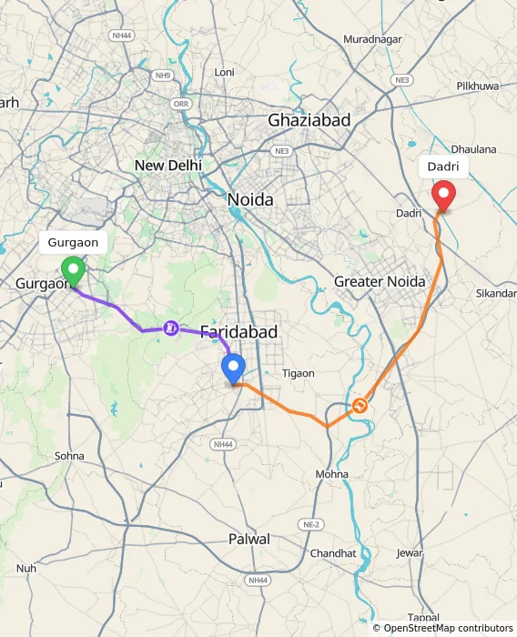 Route map showing distance and travel time from Gurgaon, India to Dadri, India