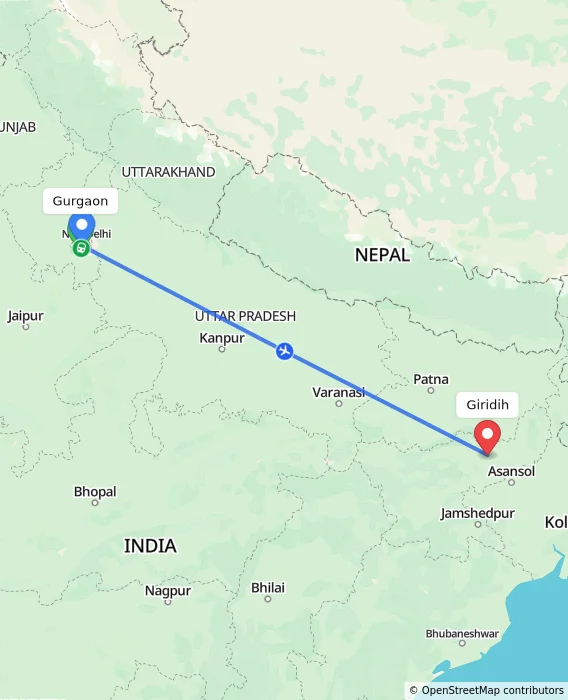Route map showing distance and travel time from Gurgaon, India to Giridih, India
