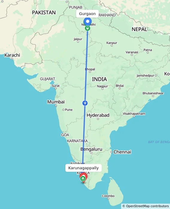 Route map showing distance and travel time from Gurgaon, India to Karunagappally, India