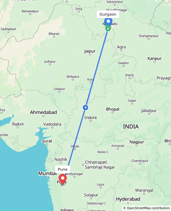 Route map showing distance and travel time from Gurgaon, India to Pune, India