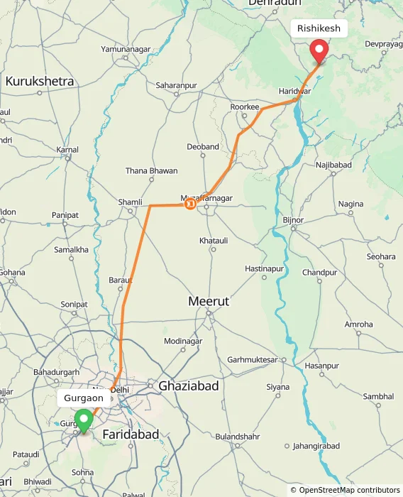 Route map showing distance and travel time from Gurgaon, India to Rishikesh, India
