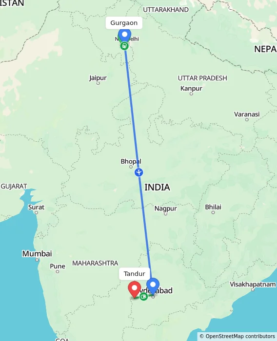 Route map showing distance and travel time from Gurgaon, India to Tandur, India