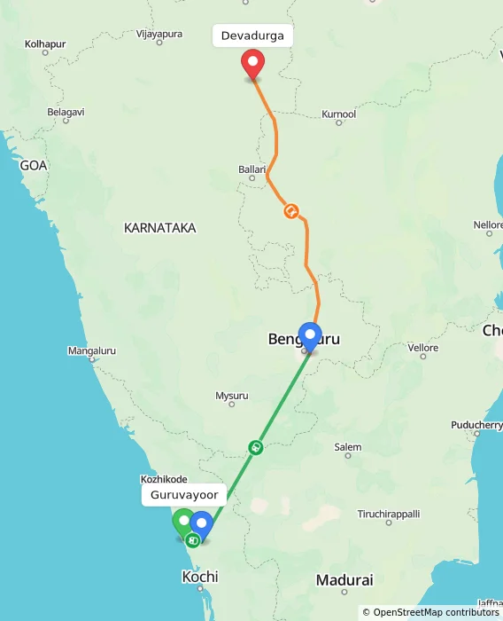 Route map showing distance and travel time from Guruvayoor, India to Devadurga, India