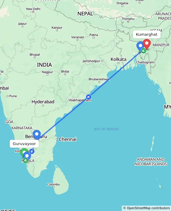 Route map showing distance and travel time from Guruvayoor, India to Kumarghat, India