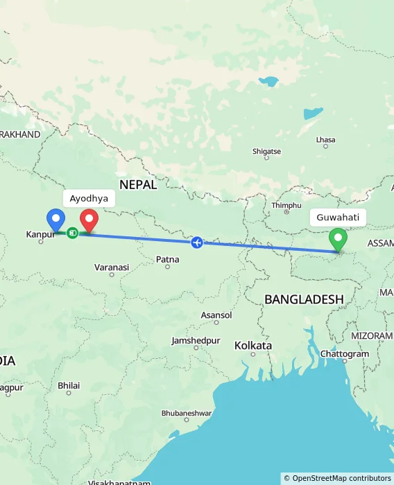 Route map showing distance and travel time from Guwahati, India to Ayodhya, India