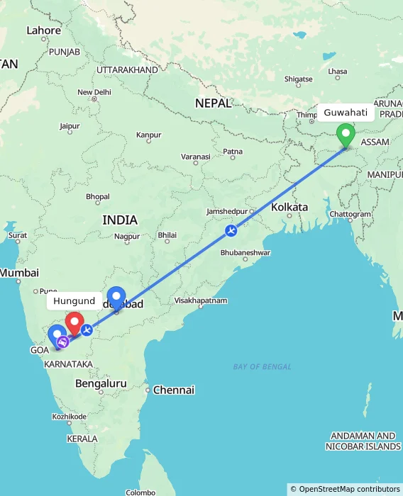 Route map showing distance and travel time from Guwahati, India to Hungund, India