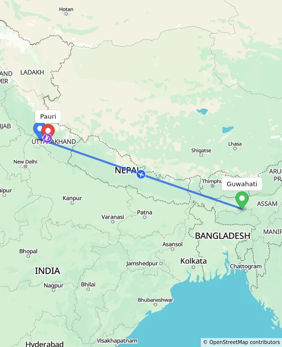 Route map showing distance and travel time from Guwahati, India to Pauri, India
