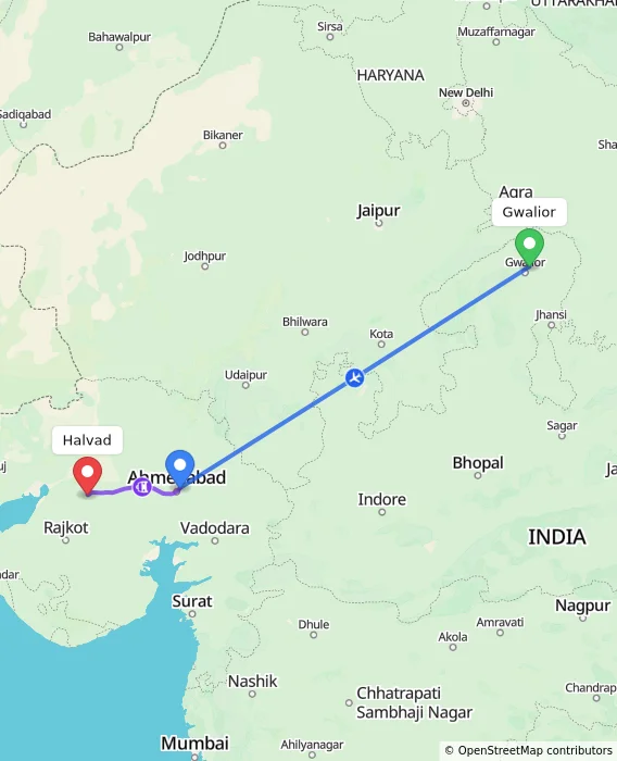 Route map showing distance and travel time from Gwalior, India to Halvad, India