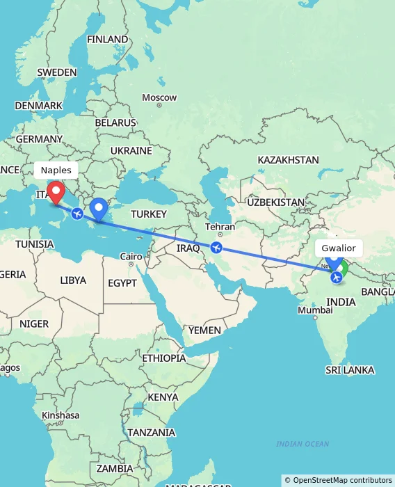 Route map showing distance and travel time from Gwalior, India to Naples, Italy