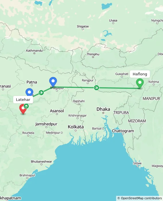 Route map showing distance and travel time from Haflong, India to Latehar, India