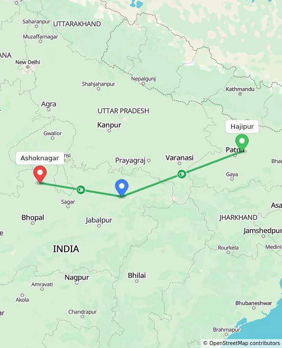 Route map showing distance and travel time from Hajipur, India to Ashoknagar, India