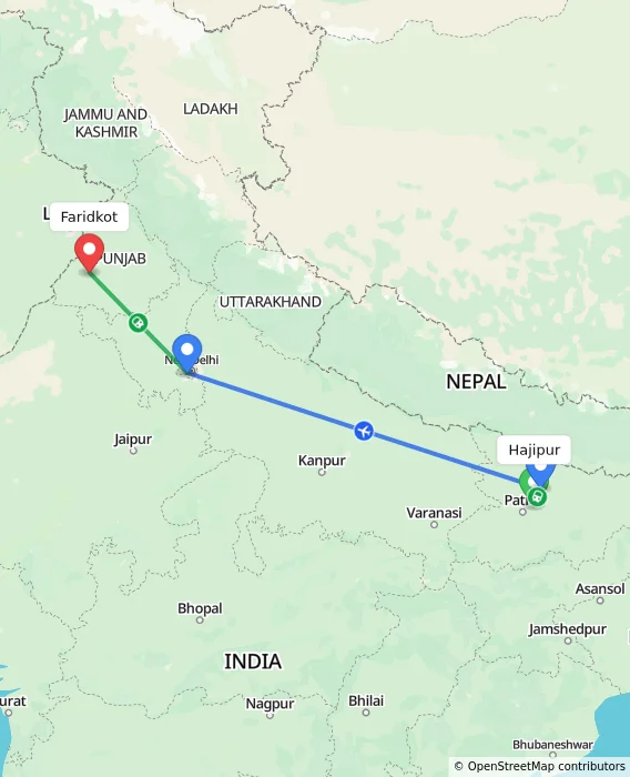 Route map showing distance and travel time from Hajipur, India to Faridkot, India