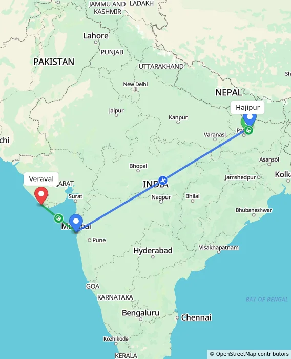 Route map showing distance and travel time from Hajipur, India to Veraval, India