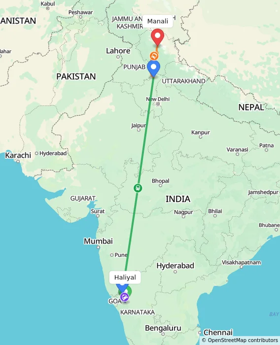 Route map showing distance and travel time from Haliyal, India to Manali, India