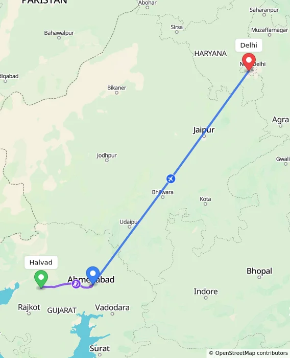 Route map showing distance and travel time from Halvad, India to Delhi, India