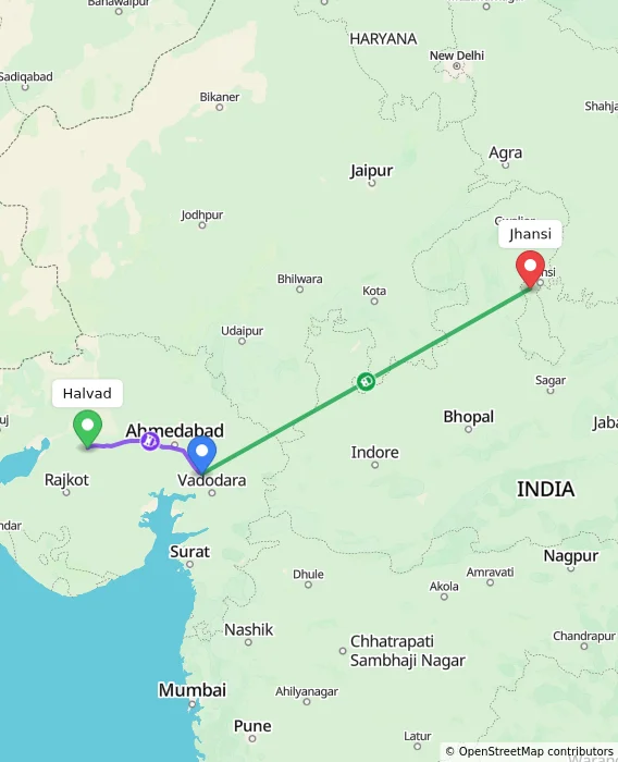 Route map showing distance and travel time from Halvad, India to Jhansi, India
