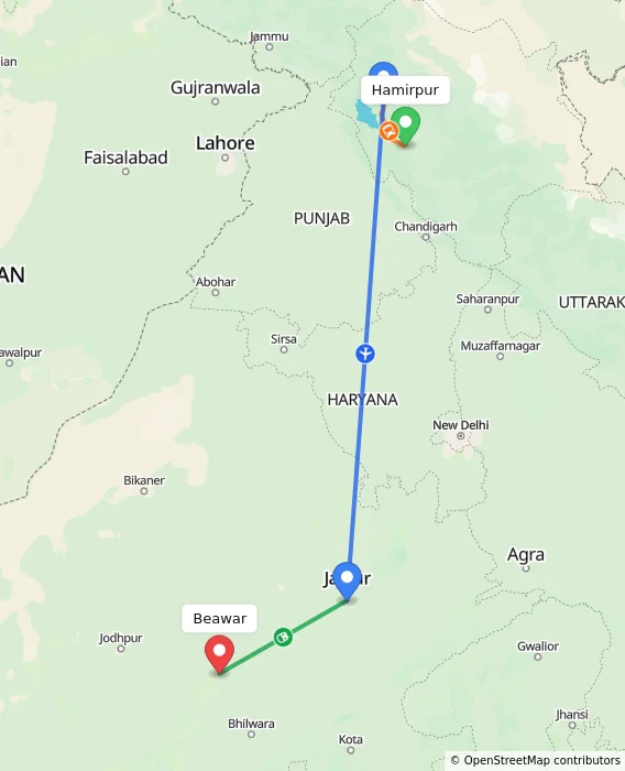 Route map showing distance and travel time from Hamirpur, India to Beawar, India
