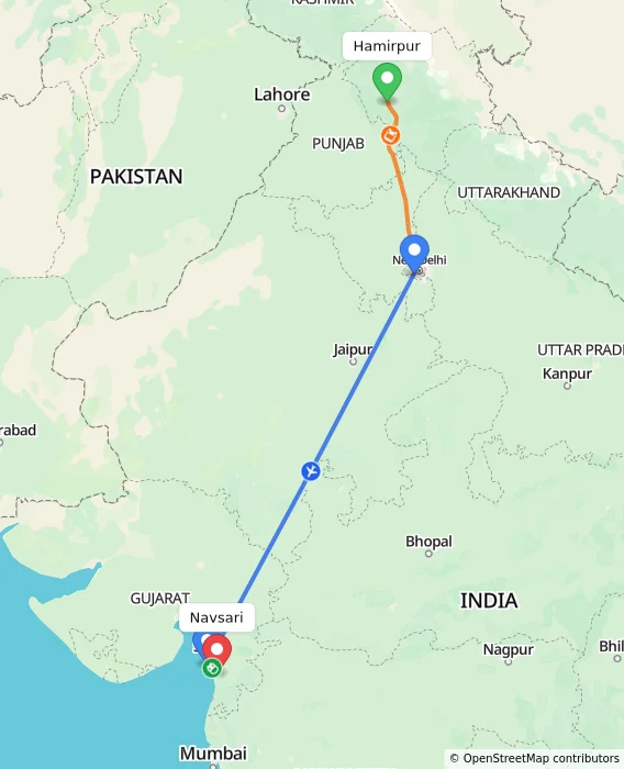 Route map showing distance and travel time from Hamirpur, India to Navsari, India